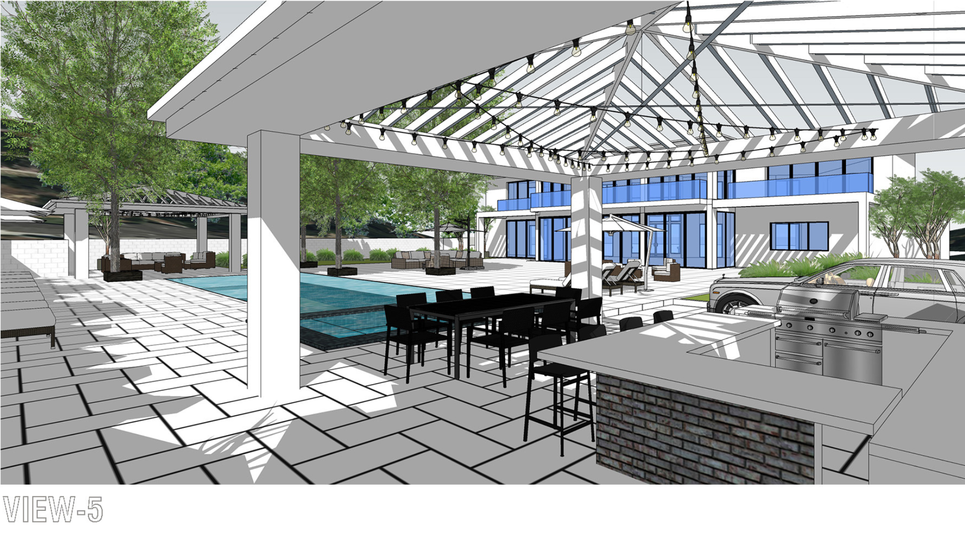A black and white drawing of a patio area with a pool