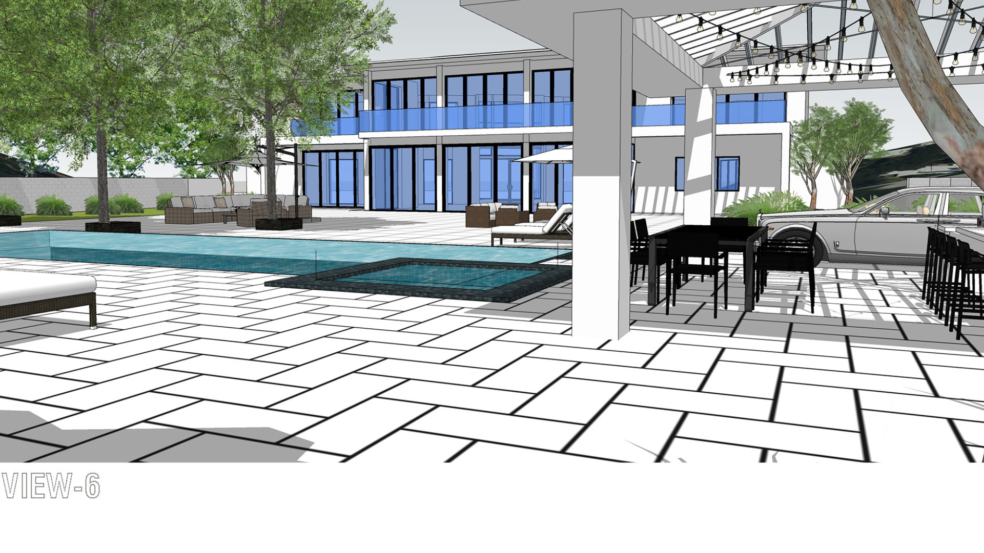 A black and white drawing of a house with a swimming pool