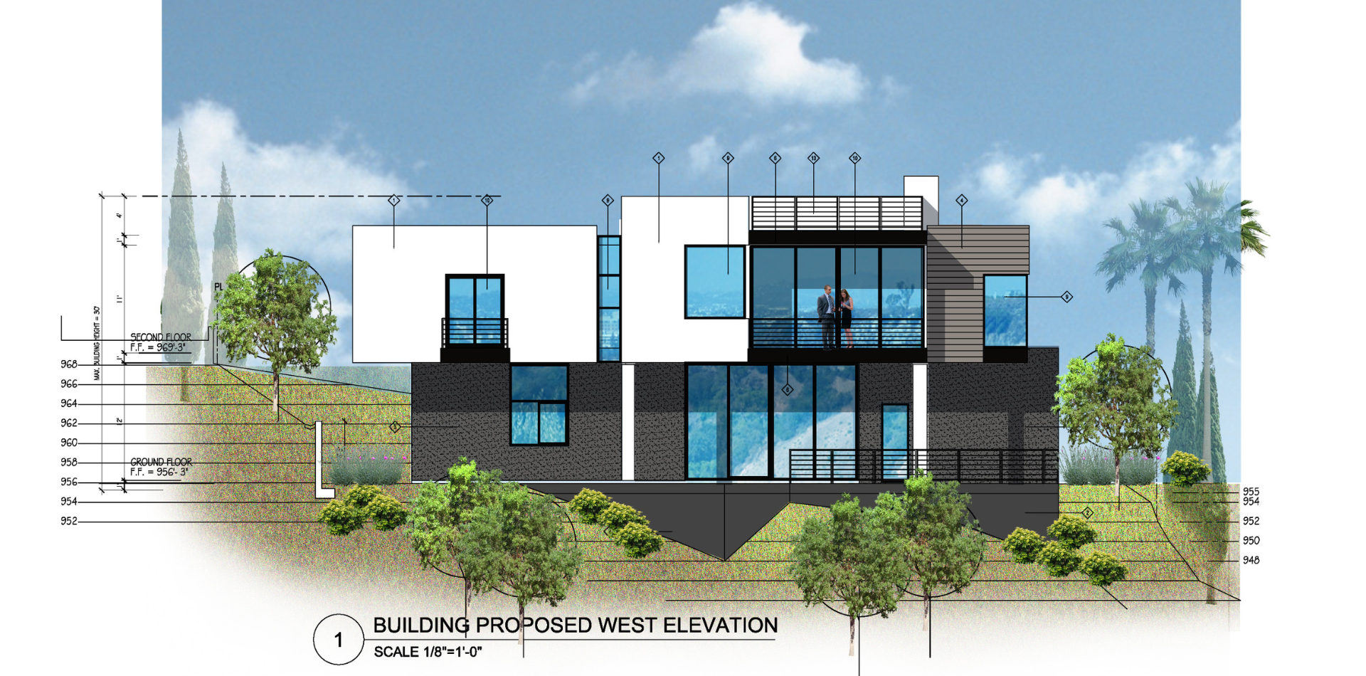 An architectural drawing of a house with trees in front of it