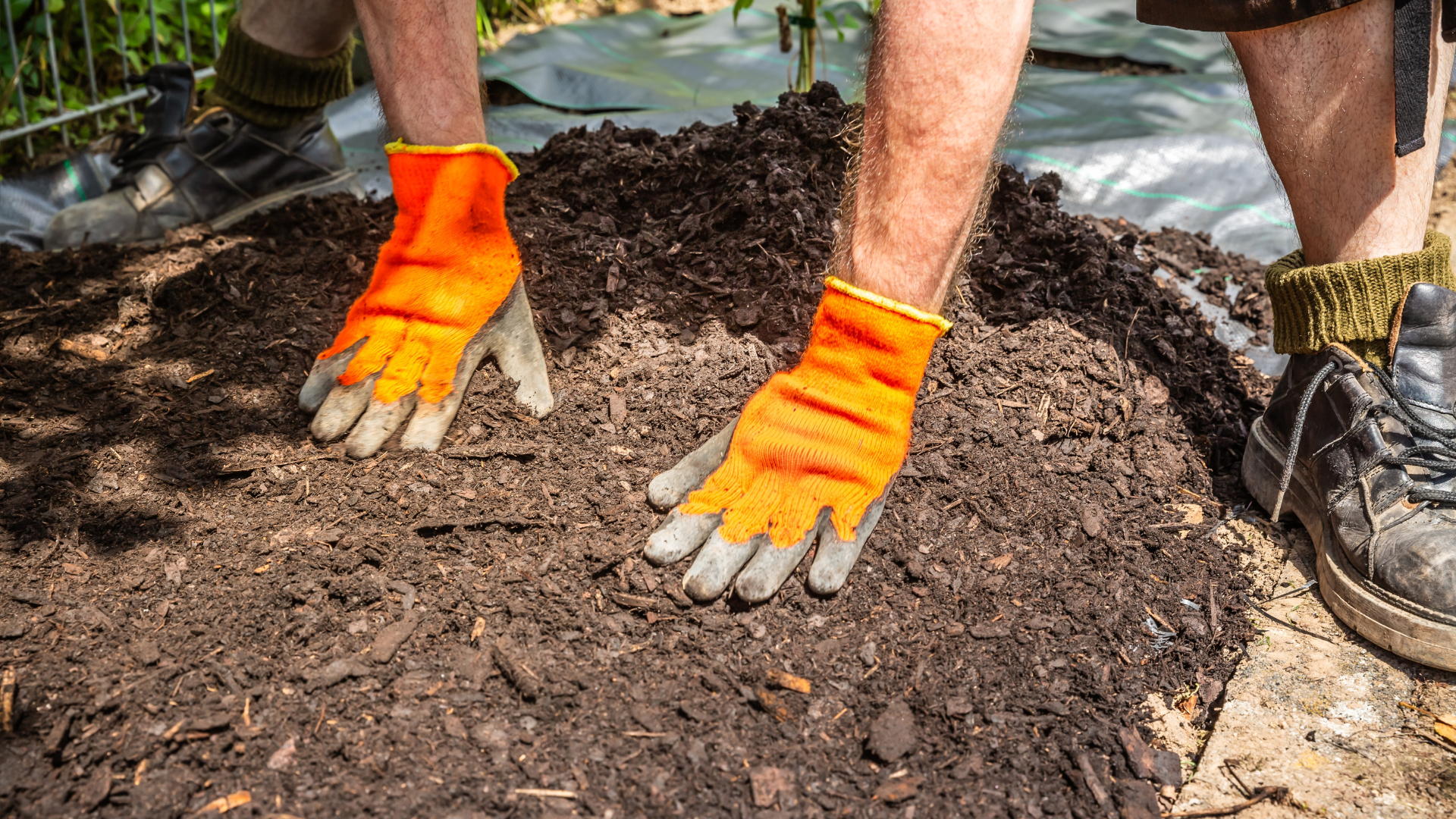 A person wearing orange gloves is standing on a pile of dirt.