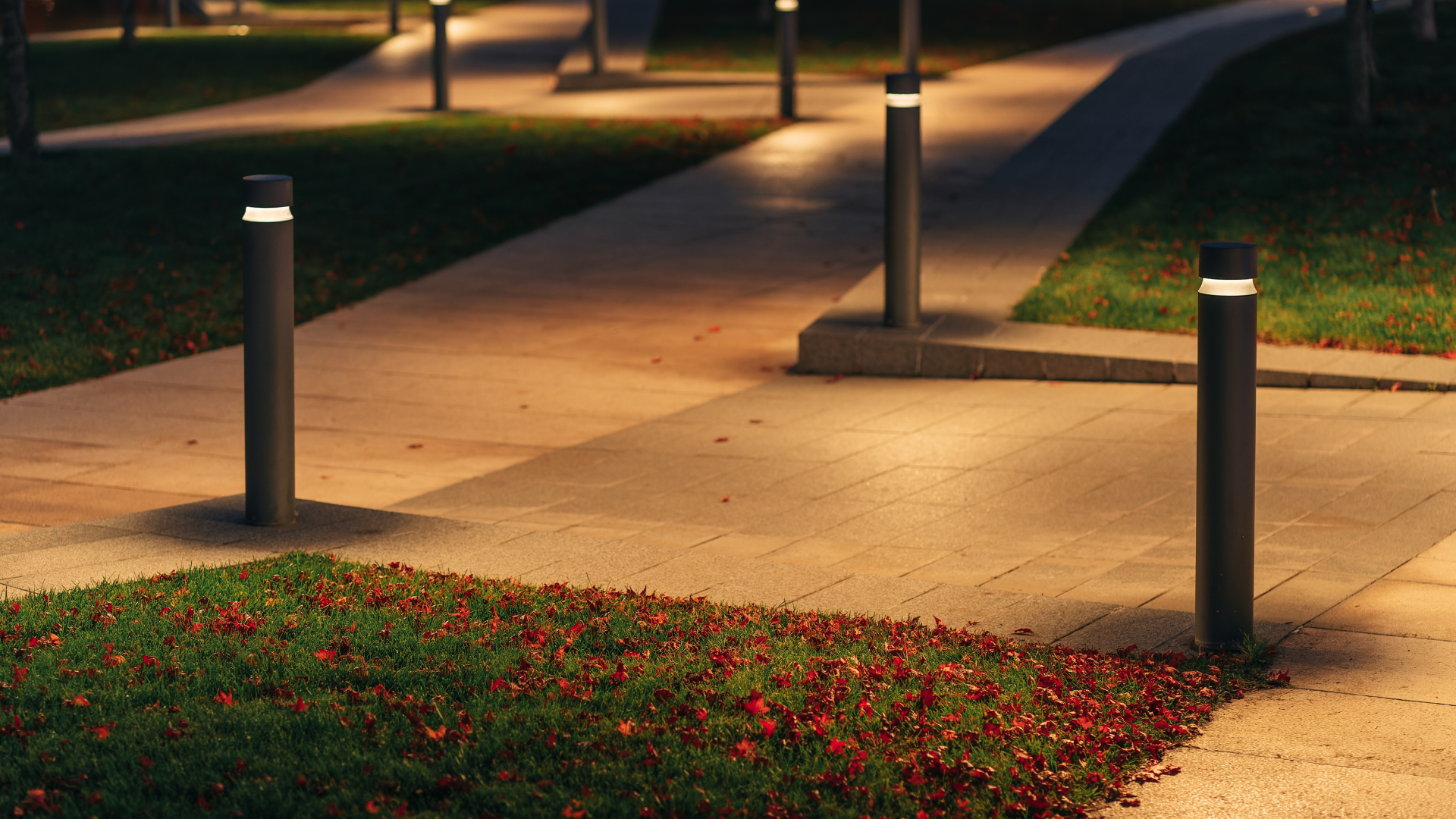 A row of lights on a sidewalk in a park at night.