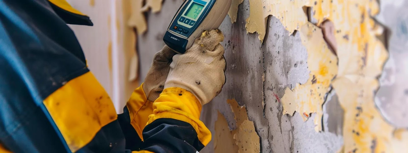 A person in yellow gloves uses a device to check the wall with peeling paint.