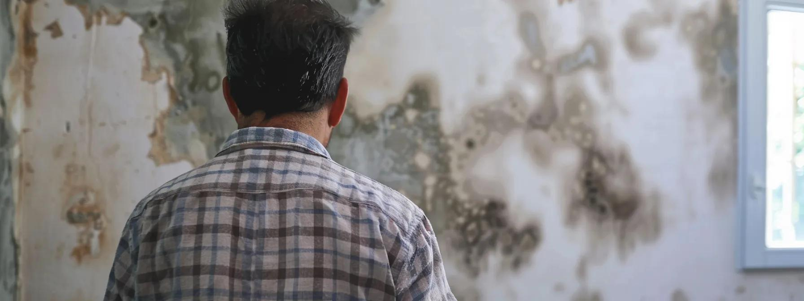 A person in a plaid shirt looks at a moldy wall. A window is in the background.