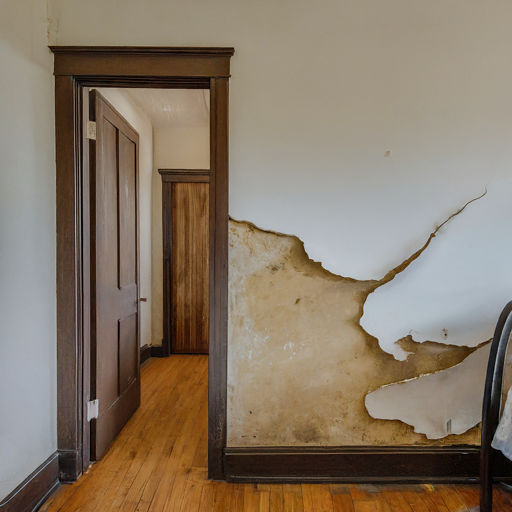 A room with peeling wallpaper and a wooden floor