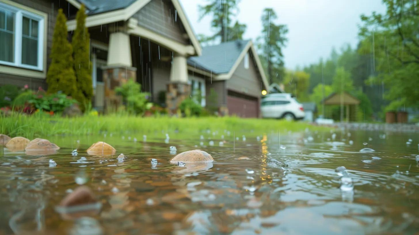 Flooded suburban street with houses reflected in rainwater and small pebbles in the foreground