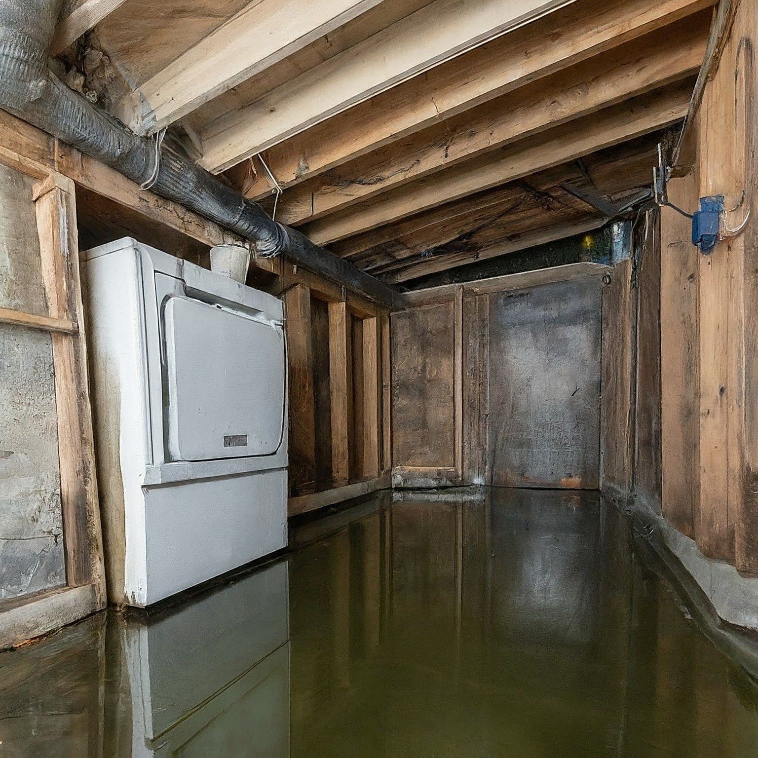 A flooded basement with a washer and dryer in it.