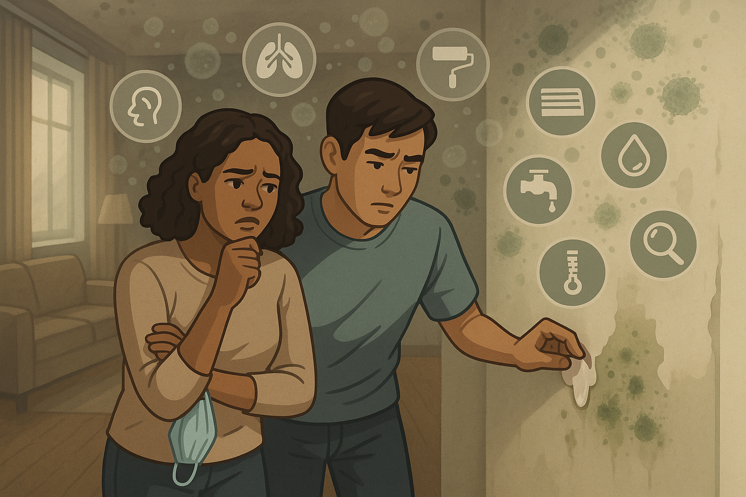 A man and a woman are standing in a living room looking at mold on the wall.