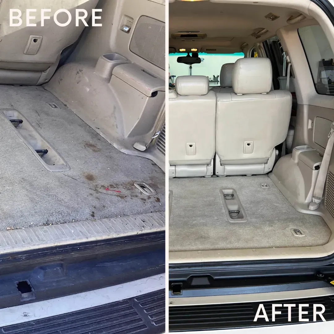 A blue and white van with findtape written on the side is parked in a parking lot