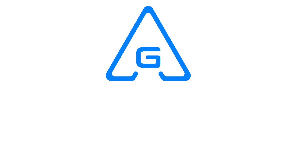 Blue triangular logo with the letter 