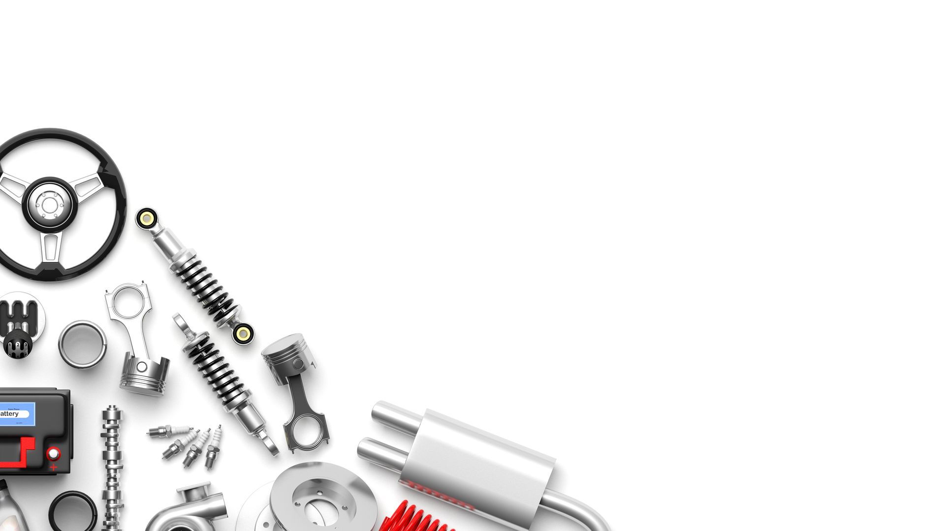 Car parts, including a steering wheel, shocks, and exhaust, arranged on a white background.