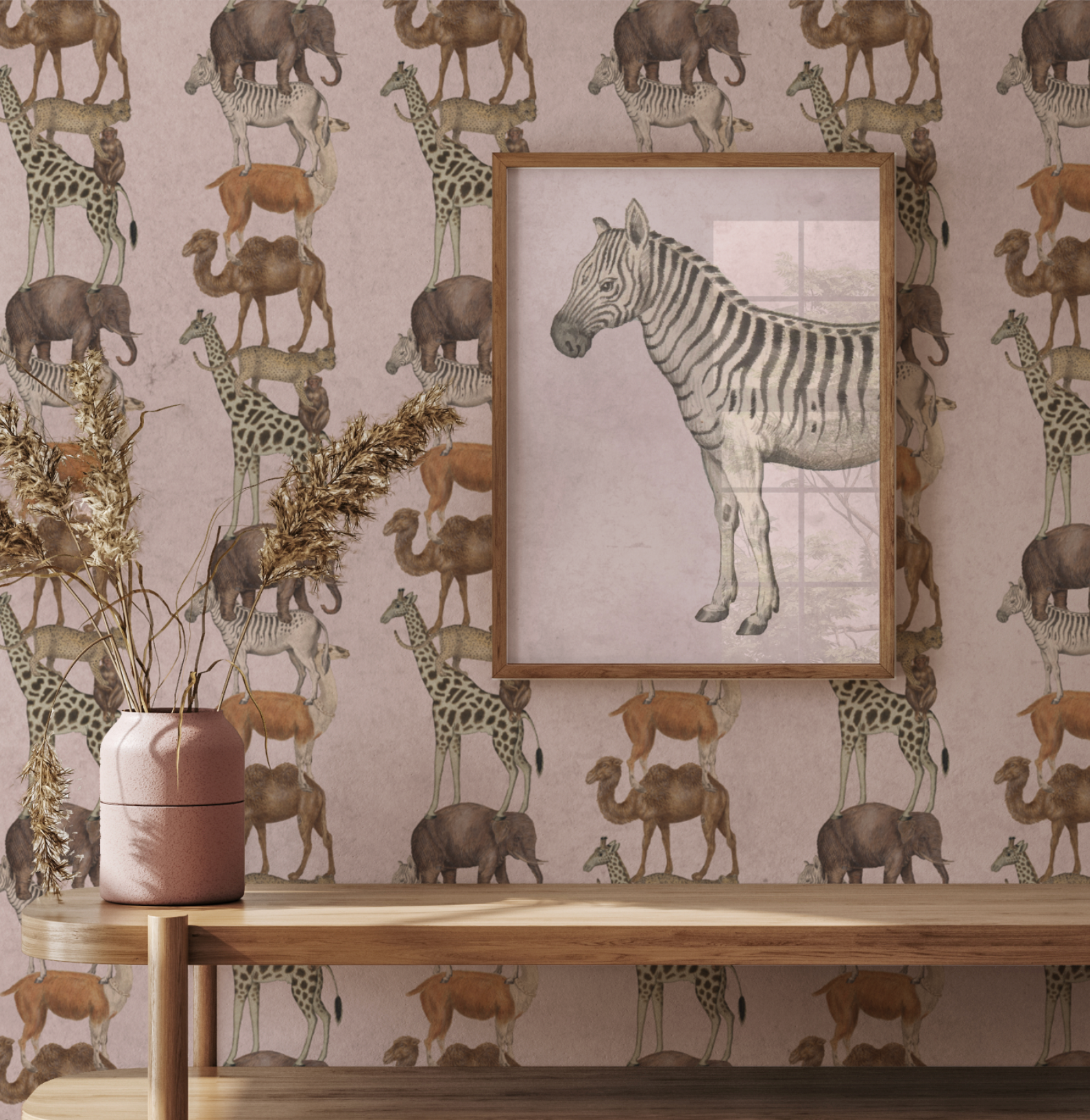 Een foto van een zebra hangt aan de muur