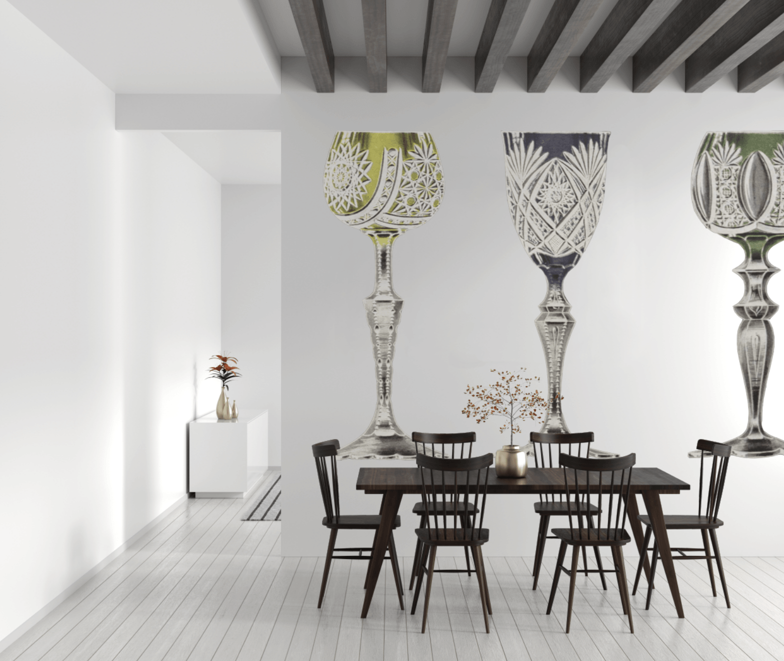 Een eetkamer met een tafel en stoelen en glazen aan de muur