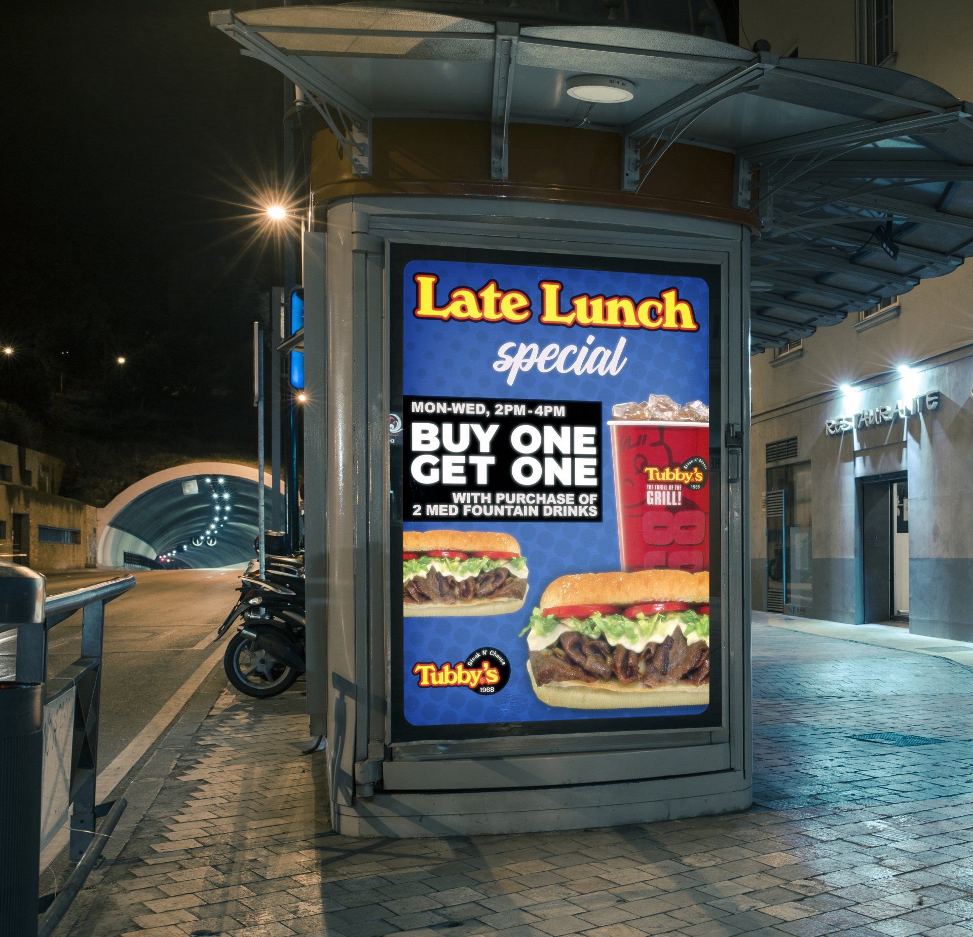 A sign that says late lunch special buy one get one