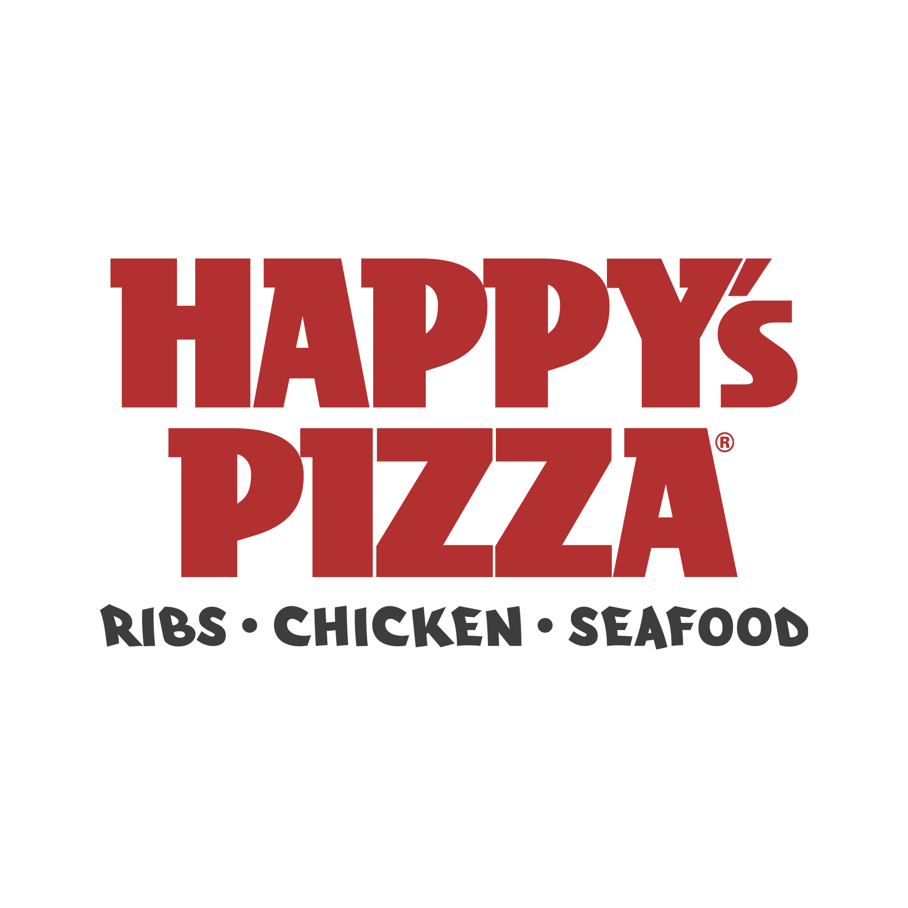 The logo for happy 's pizza ribs , chicken , seafood.