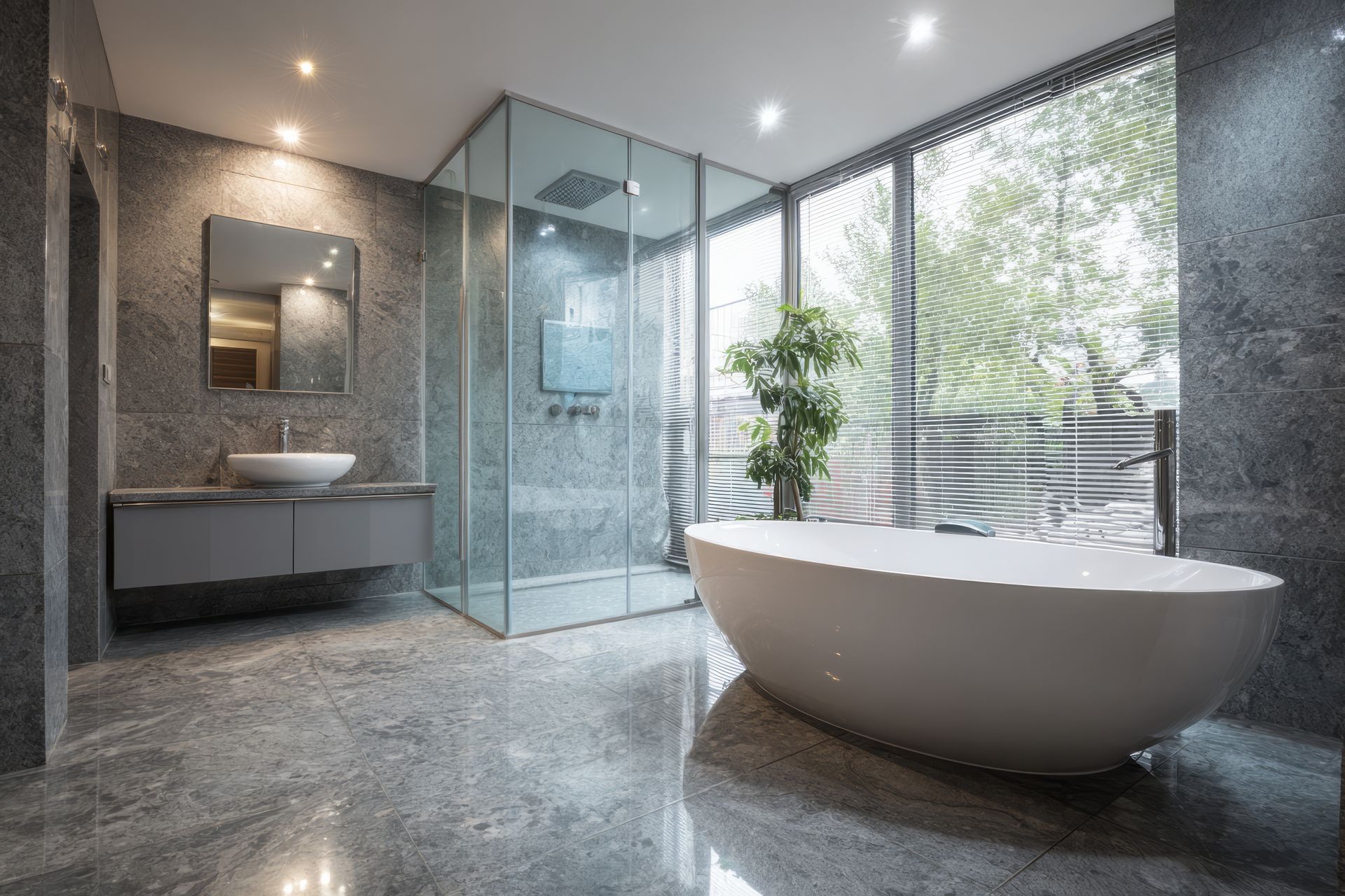Modern spa bathroom with glass shower, floating sink, and freestanding white tub by large windows