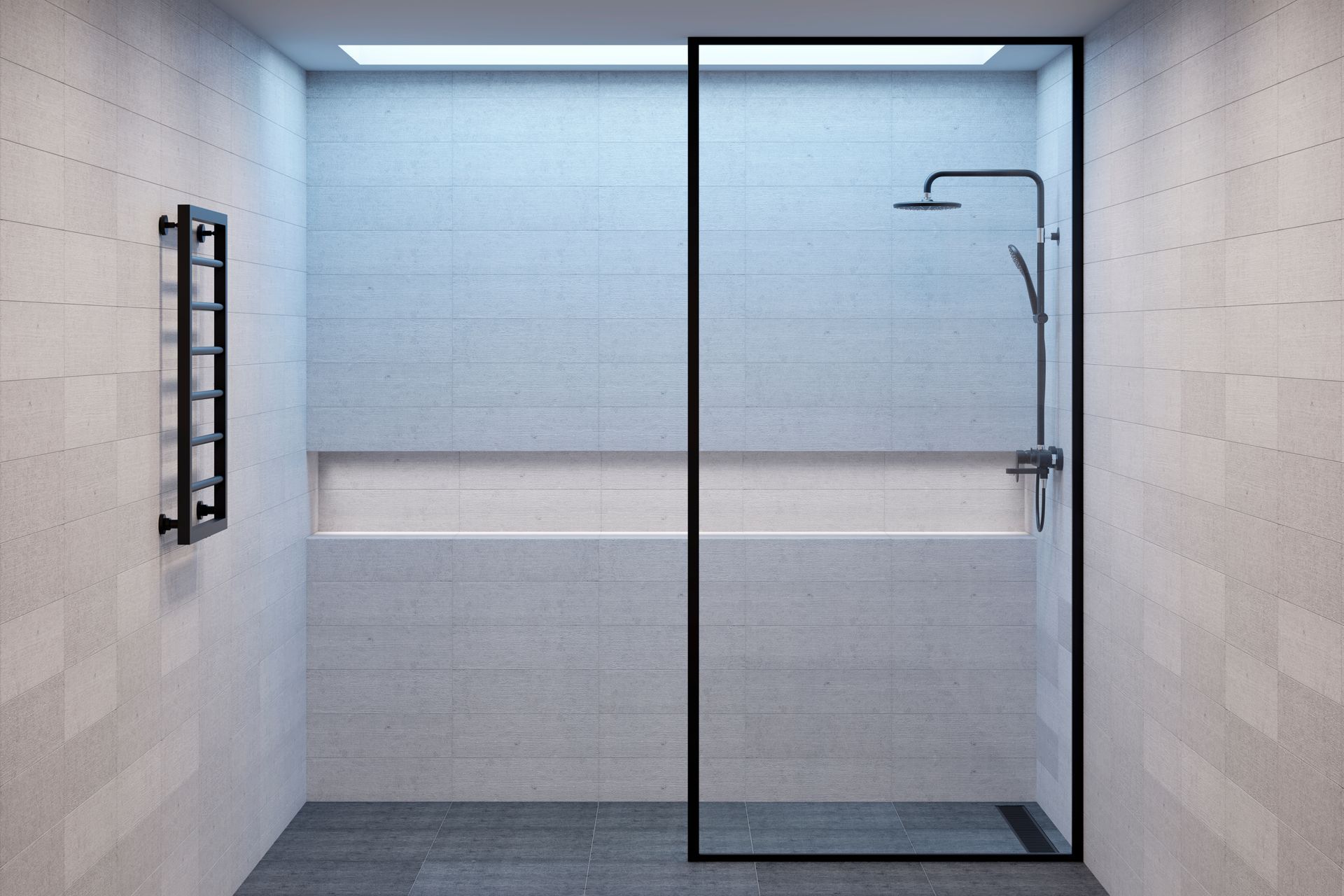 Modern tiled bathroom with a glass-enclosed shower and wall-mounted showerhead