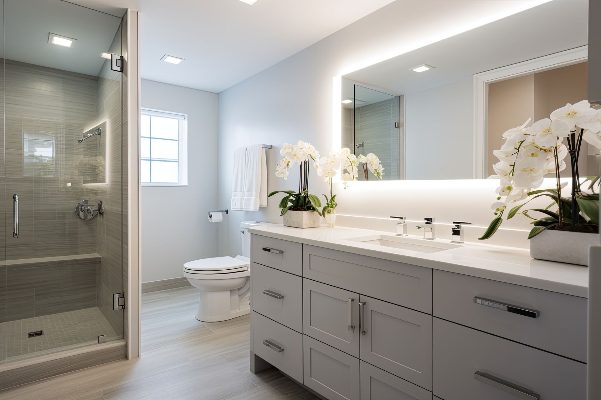 Modern white bathroom with glass shower, double vanity, mirror, and orchid accents