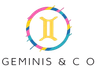 Un logotipo para Geminis & Co. con un círculo colorido.