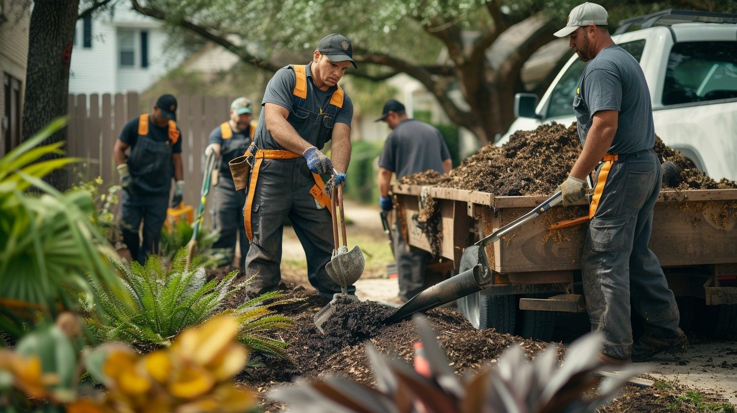 Landscapers working in a yard, moving mulch into a truck. Green plants in foreground. Landscapers working in a yard, moving mulch into a truck. Green plants in foreground.