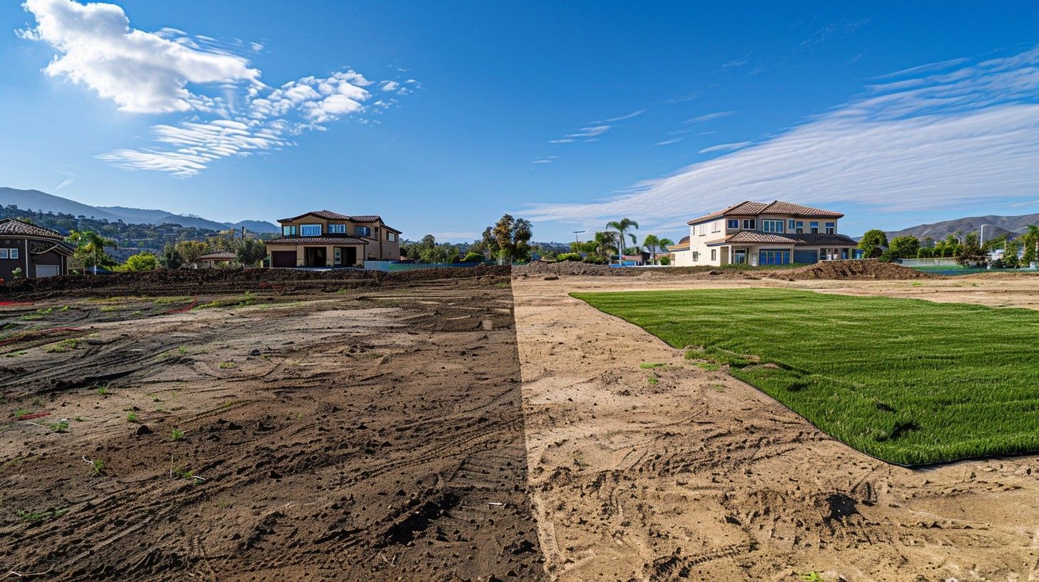 Side-by-side comparison of a dirt lot and a sodded lawn, with houses in the background under a blue sky.