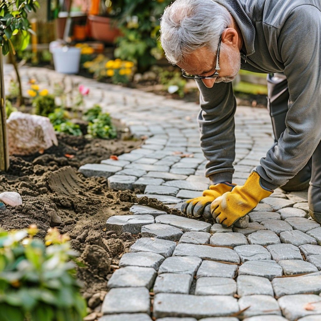 Man kneeling, laying paving stones on a garden path, wearing glasses and yellow gloves. Man kneeling, laying paving stones on a garden path, wearing glasses and yellow gloves.