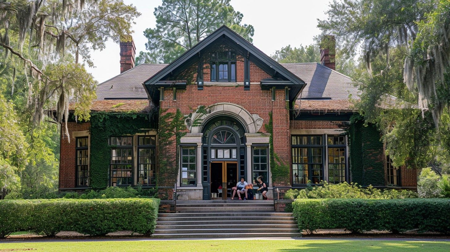 Brick building with ivy, dark roof, arched doorway. People seated on porch. Green lawn, shrubs.