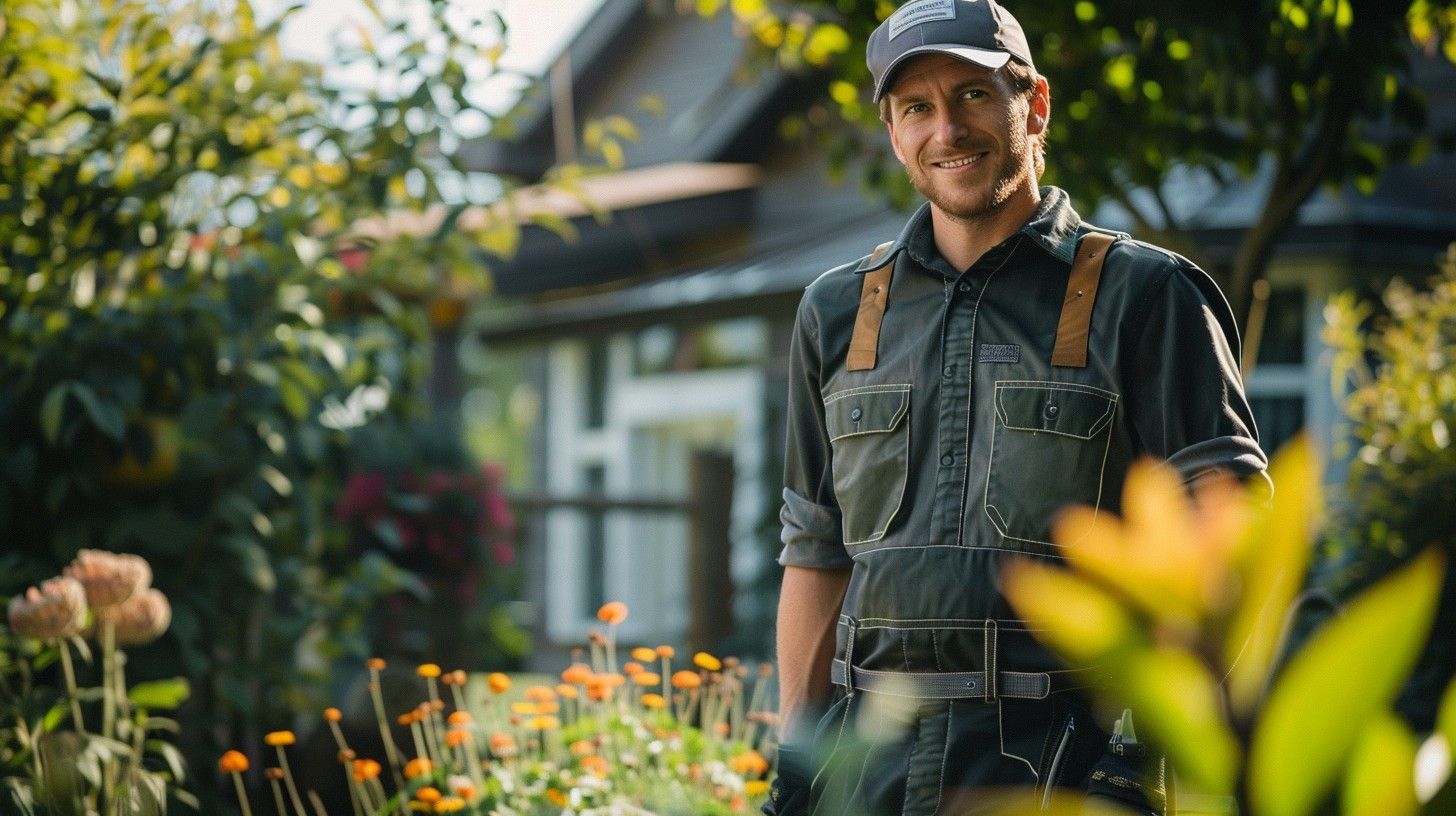 Gardener in a garden smiles, wearing overalls, cap, and standing in front of a house. Gardener in a garden smiles, wearing overalls, cap, and standing in front of a house.