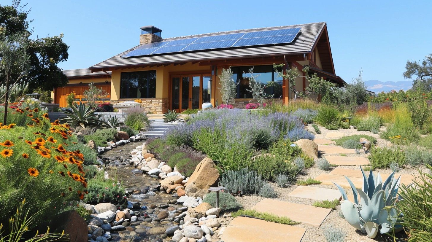 House with solar panels on roof, stone pathway, stream, and garden with flowers. House with solar panels on roof, stone pathway, stream, and garden with flowers.
