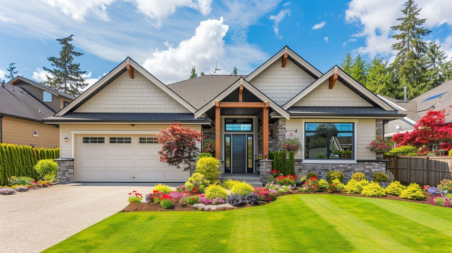 Charming, light-colored house with a well-manicured lawn and colorful flower beds under a blue sky.