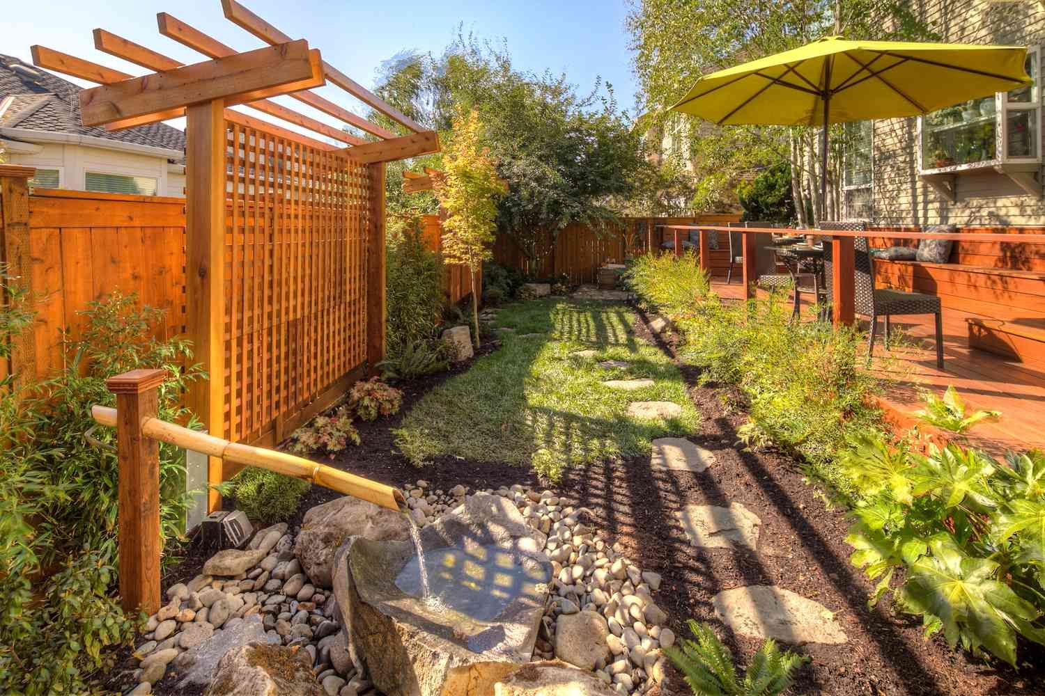 Backyard with a wooden fence, water feature, path, and patio with an umbrella. Backyard with a wooden fence, water feature, path, and patio with an umbrella.