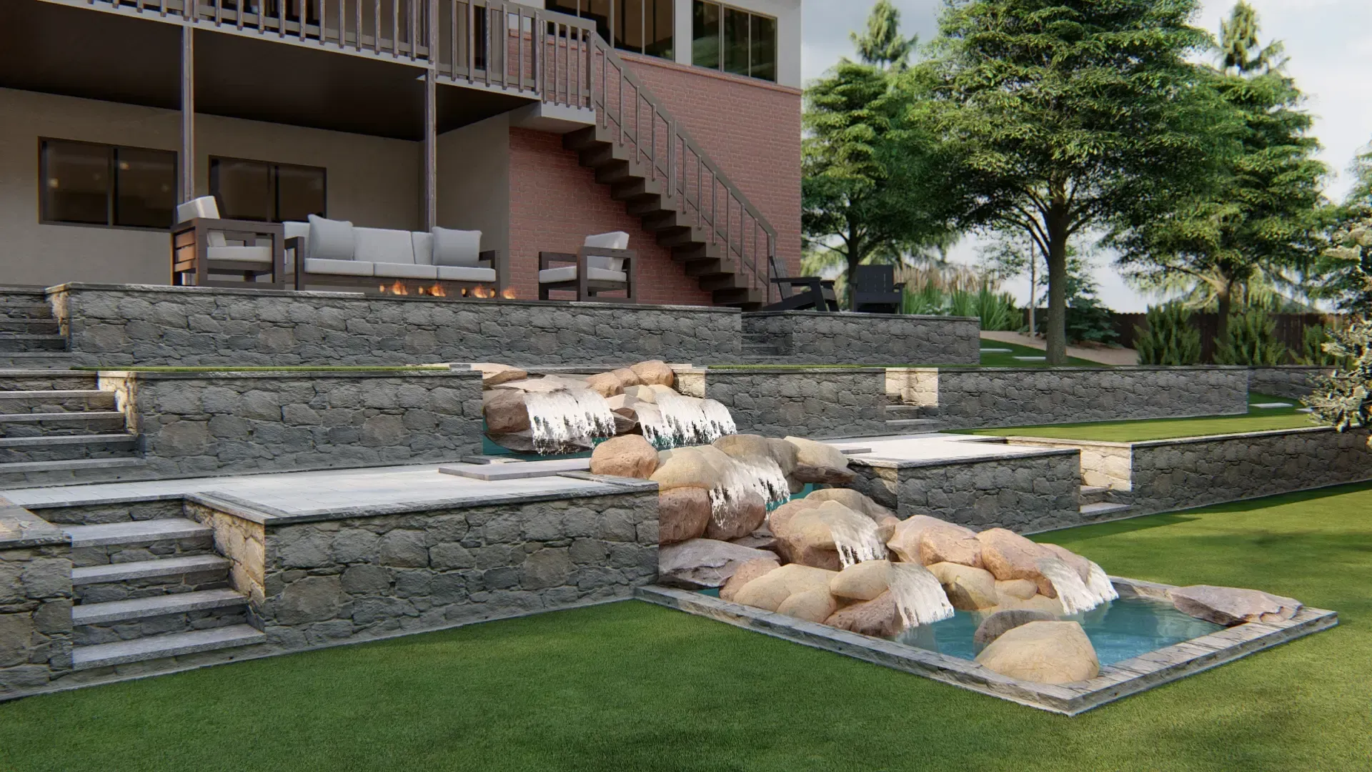 Backyard with terraced landscaping and waterfall feature flowing into a pool. Backyard with terraced landscaping and waterfall feature flowing into a pool.