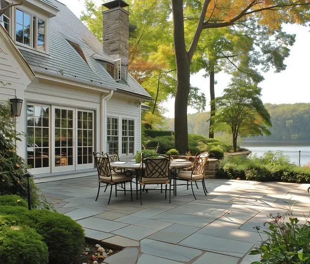 Patio with table and chairs next to a house overlooking a lake, with autumn foliage.