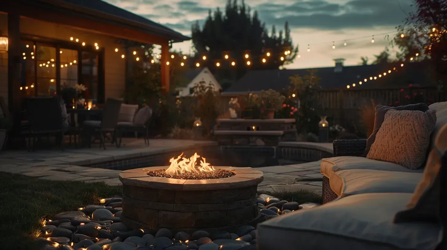 Fire pit on a stone patio with outdoor seating, lit by string lights at dusk. Fire pit on a stone patio with outdoor seating, lit by string lights at dusk.