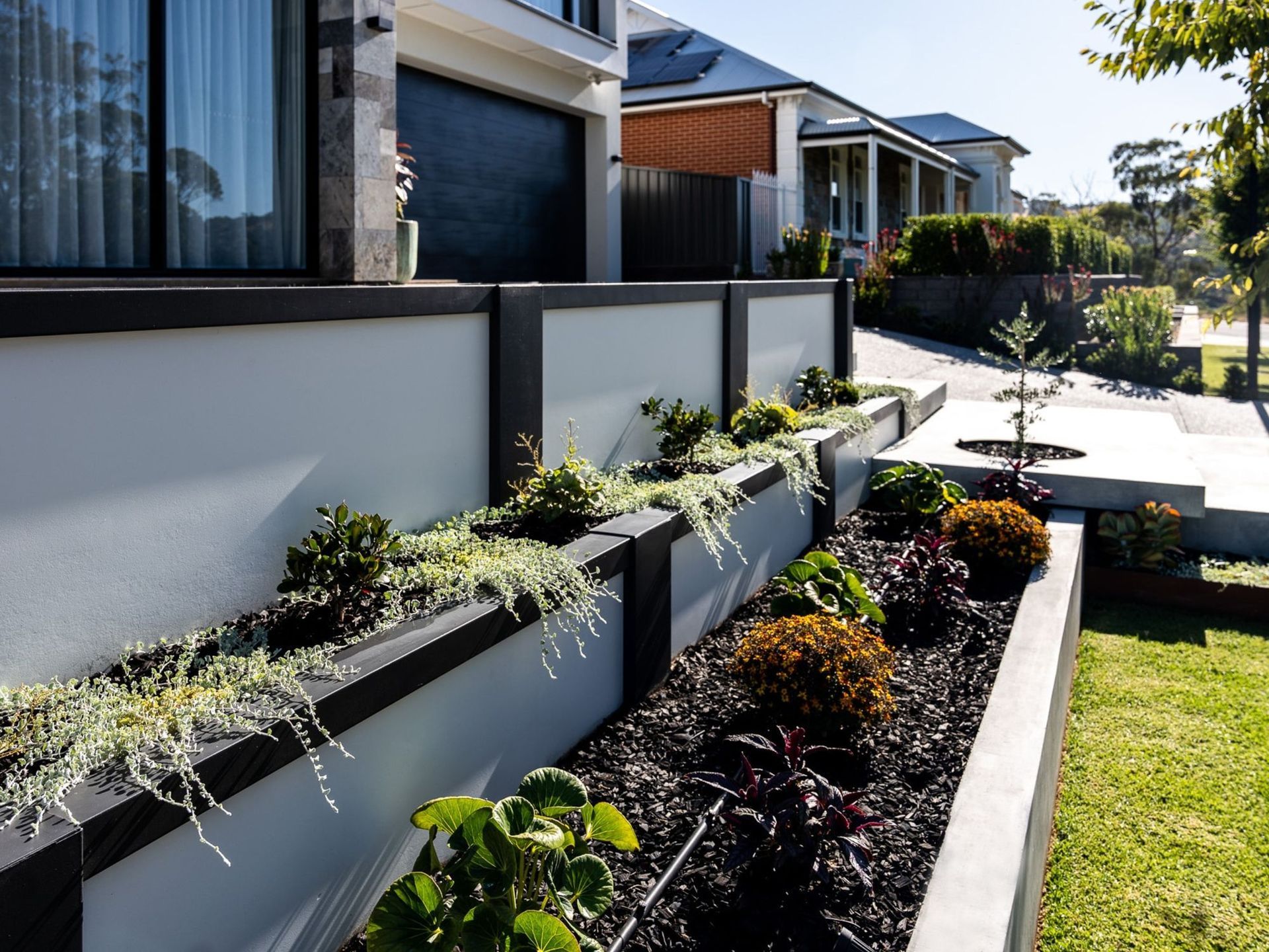 Modern landscaped garden bed with various plants and black mulch along a wall.