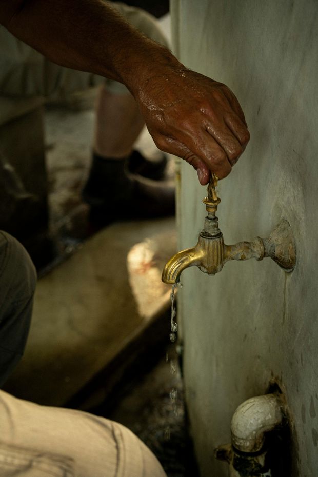 Person's hand turning on a faucet with water flowing, against a light-colored wall.