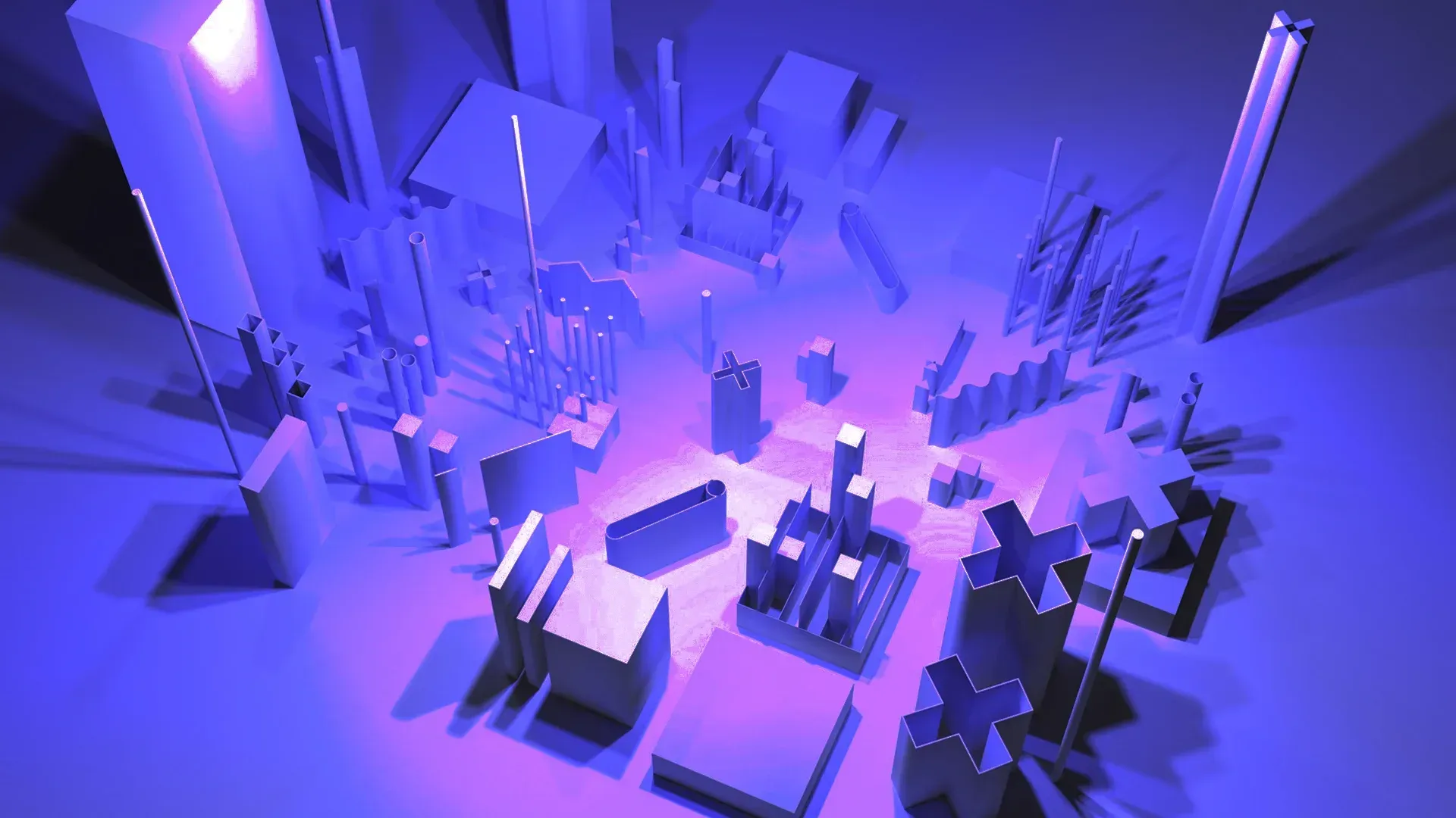 Abstract cityscape rendered in blue hues, with a central light source illuminating blocky buildings.