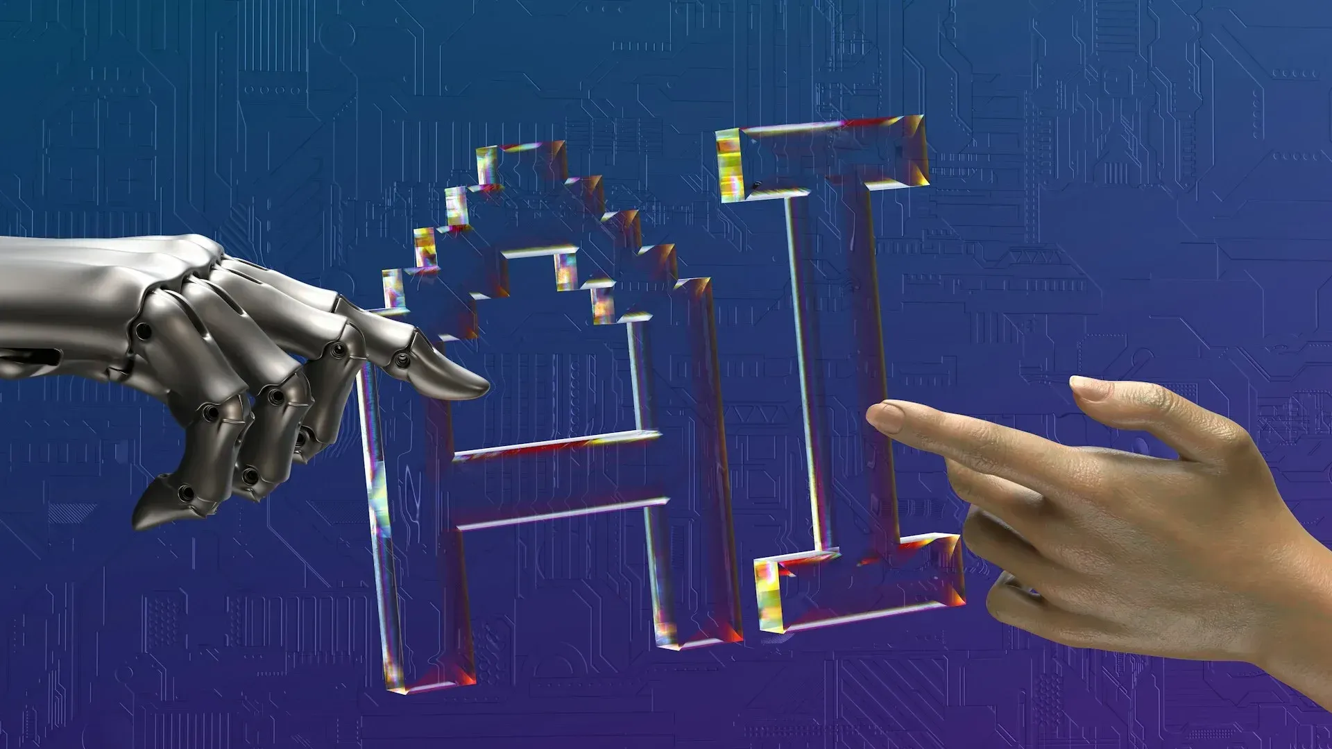 A robotic hand is touching a human hand with a finger.