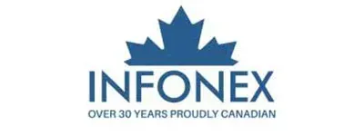Logo of INFONEX, a blue maple leaf above the company name in blue, with text 