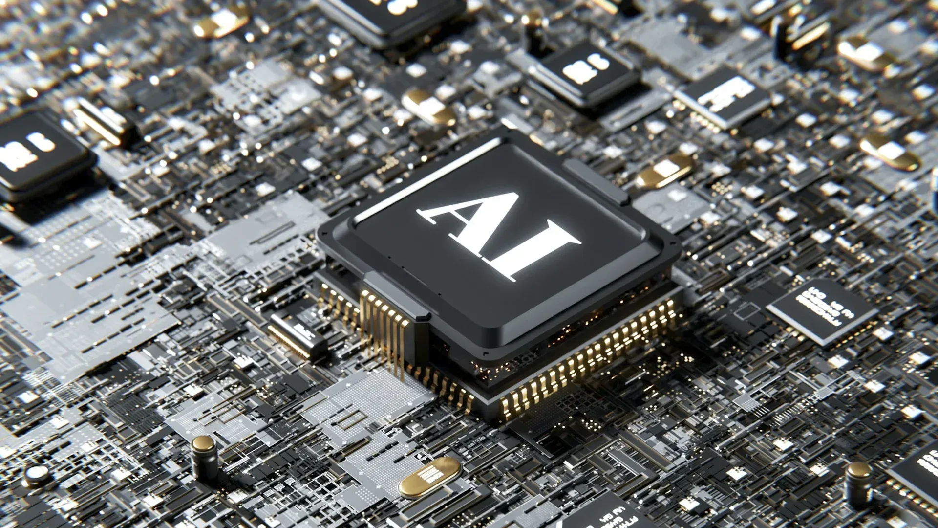 An AI chip on a circuit board, labelled with “AI”. Gold and silver tones.