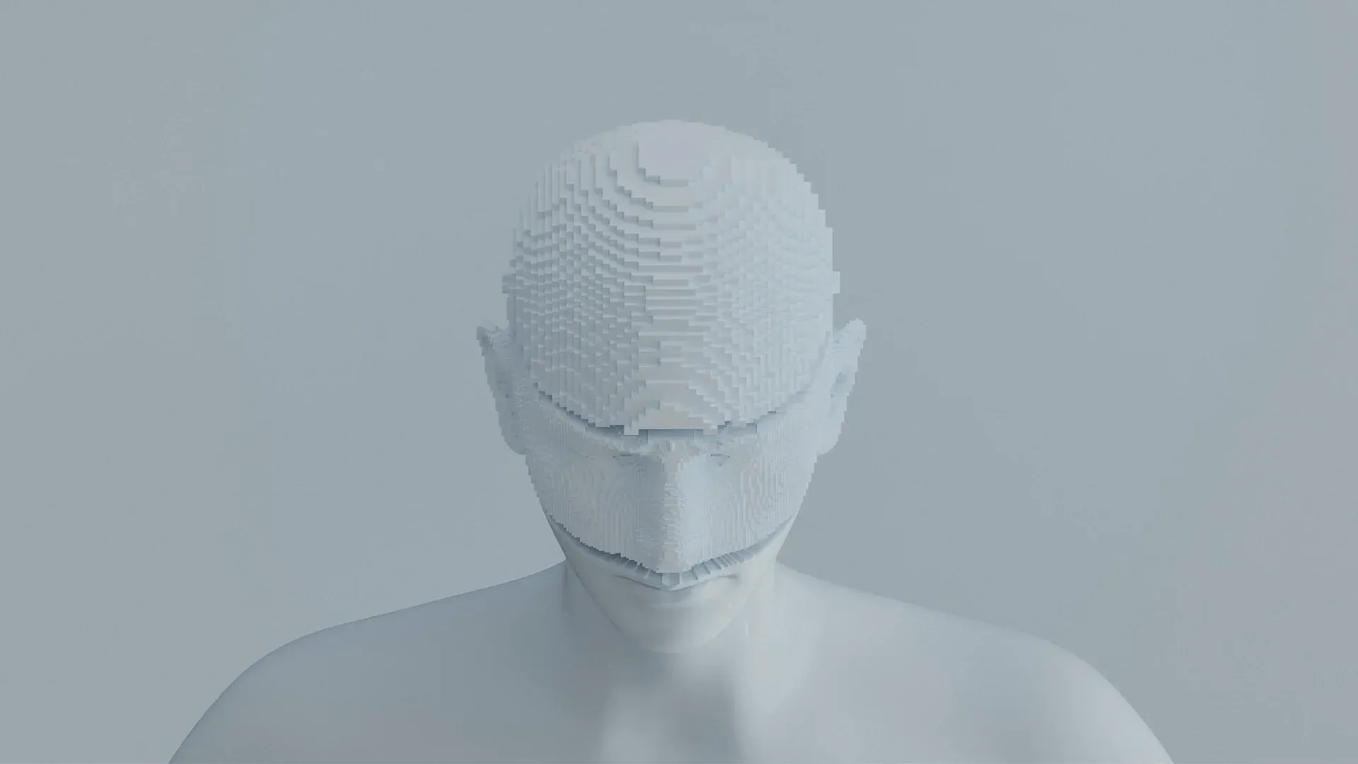 A 3D model of a man's head made out of LEGO bricks.