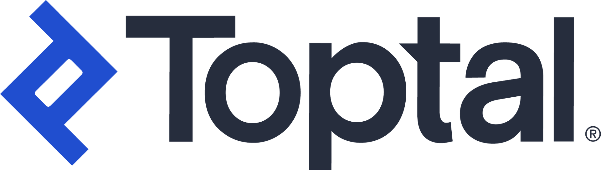 Toptal logo. Blue geometric shape with the word 