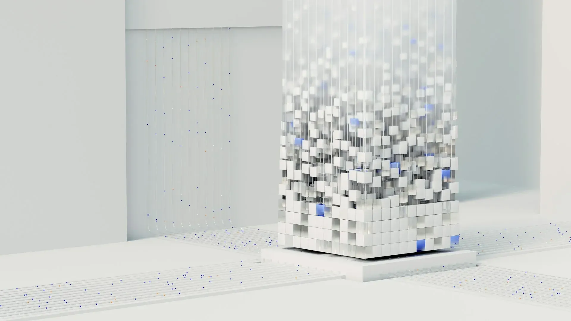 A 3d rendering of a tower made of white cubes.