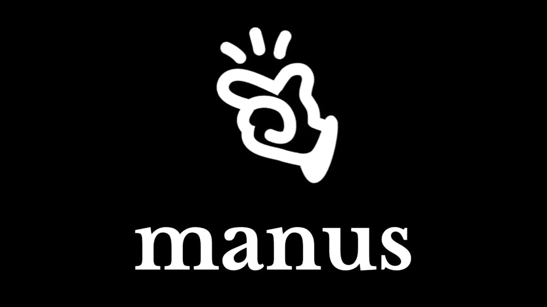 The Manus AI white logo is on a black background with a hand and the word manon a black background.