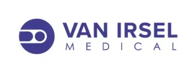 Logo for Van Irsel Medical, navy blue circle with a white design and text.