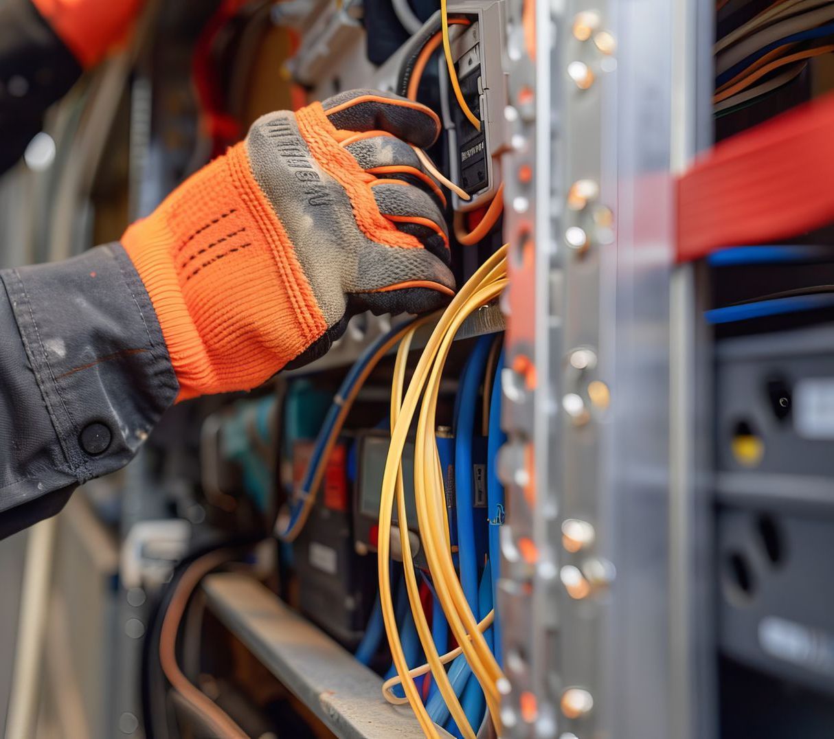 A person wearing orange gloves is working on an electrical box.