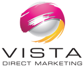 A vista direct marketing logo with a pink and yellow ball