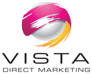 A vista direct marketing logo with a pink and yellow ball
