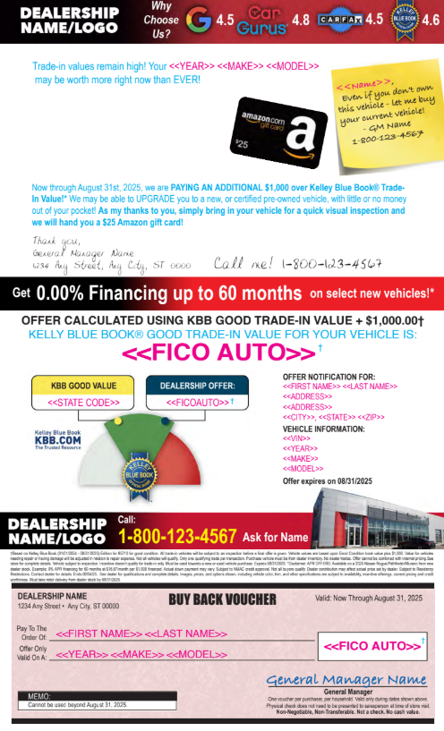 An advertisement for fico auto shows a watch and an amazon gift card