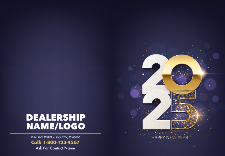 A new year 's greeting card with a dealership name and logo