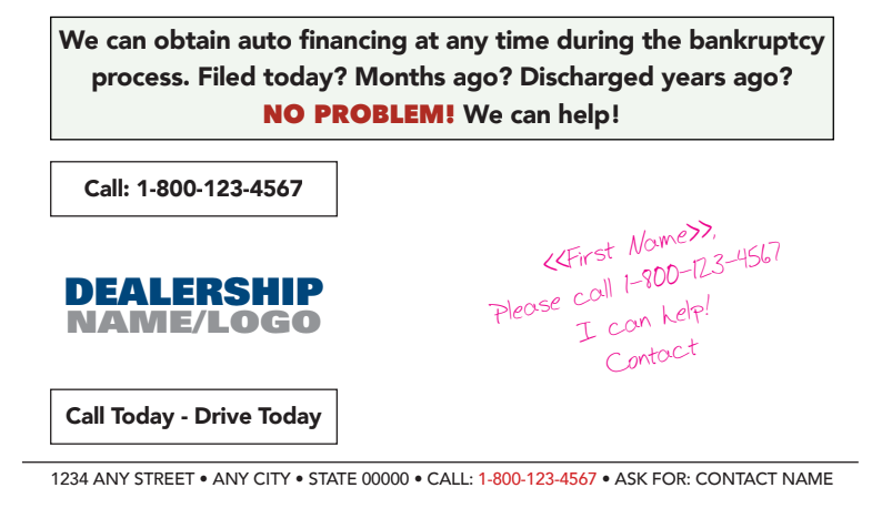 An advertisement for a car dealership that says we can obtain auto financing at any time during the bankruptcy process